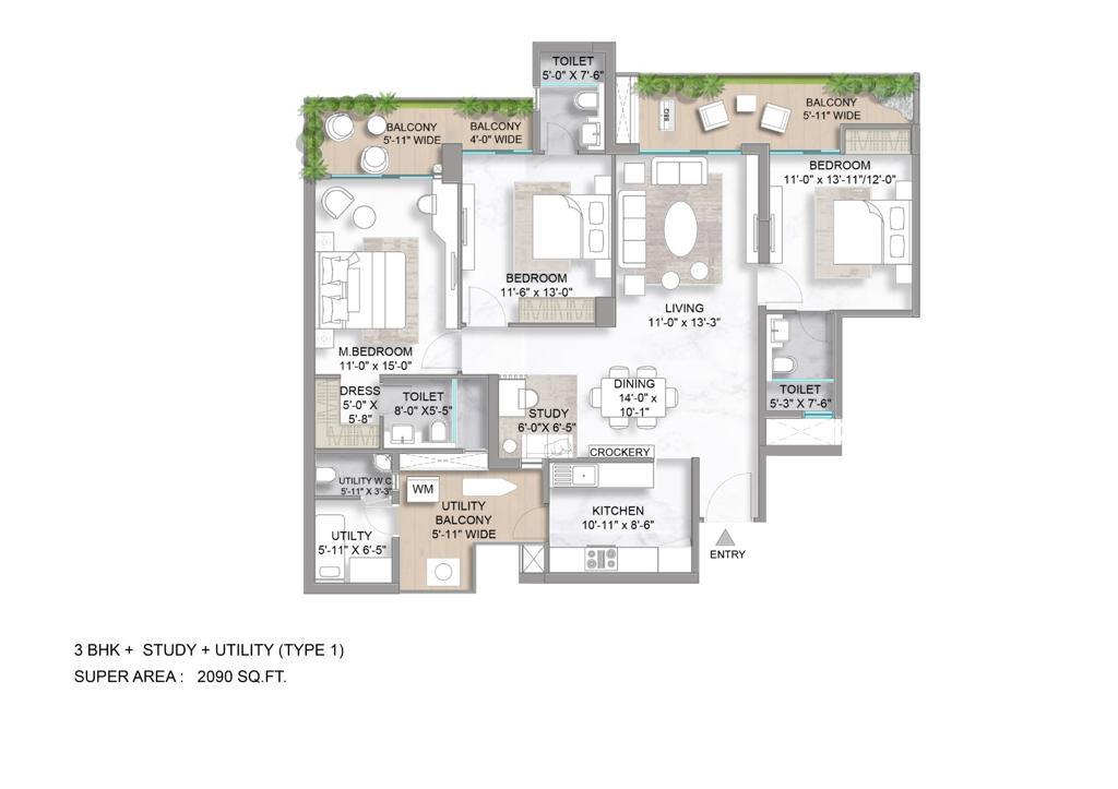 3 Bhk + Study + Utility Type 1 2090